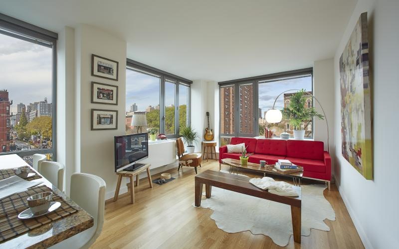 a living room with a large window