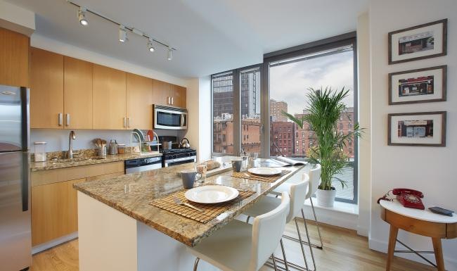 a kitchen with a large island